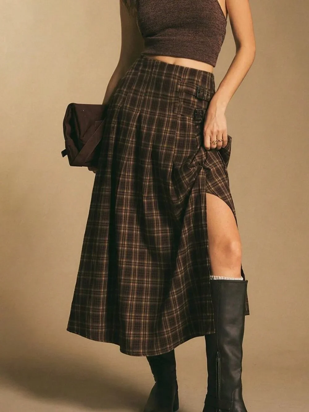 Brown Casual Women's Plaid Side Buckle Split Thigh Pocket Flared Skirt